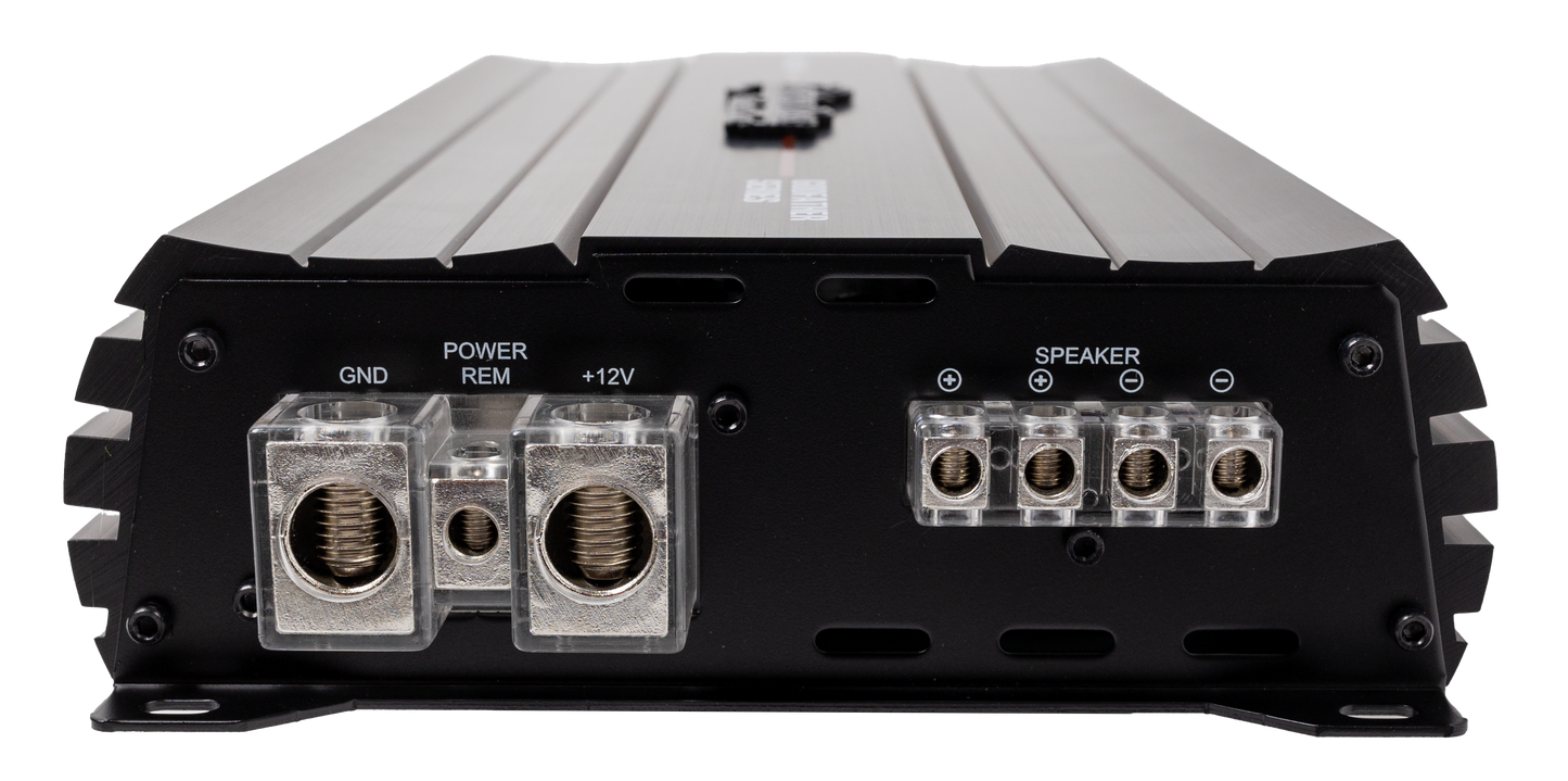 Close-up of the American Bass Godfather 2000.1D Amplifier’s back panel, showing large GND, REM, +12V terminals and four speaker output connectors designed for optimal bass performance.