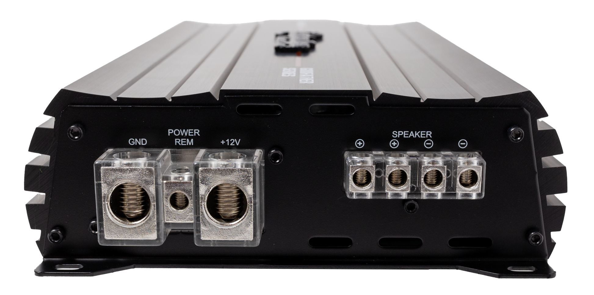 Close-up of the American Bass Godfather 2000.1D Amplifier’s back panel, showing large GND, REM, +12V terminals and four speaker output connectors designed for optimal bass performance.