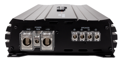 Close-up of the American Bass Godfather 2000.1D Amplifier’s back panel, showing large GND, REM, +12V terminals and four speaker output connectors designed for optimal bass performance.