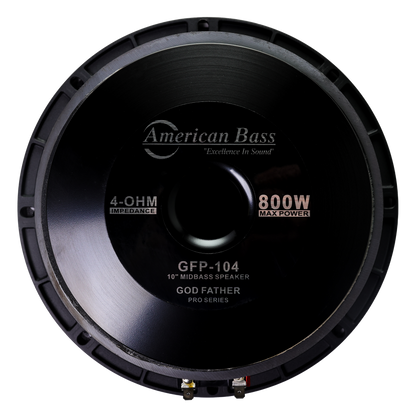 A front view of the American Bass Godfather Pro Cast 10" Midbass Speaker, a black car audio speaker with 4-ohm impedance and 800W max power, shown against a plain background.