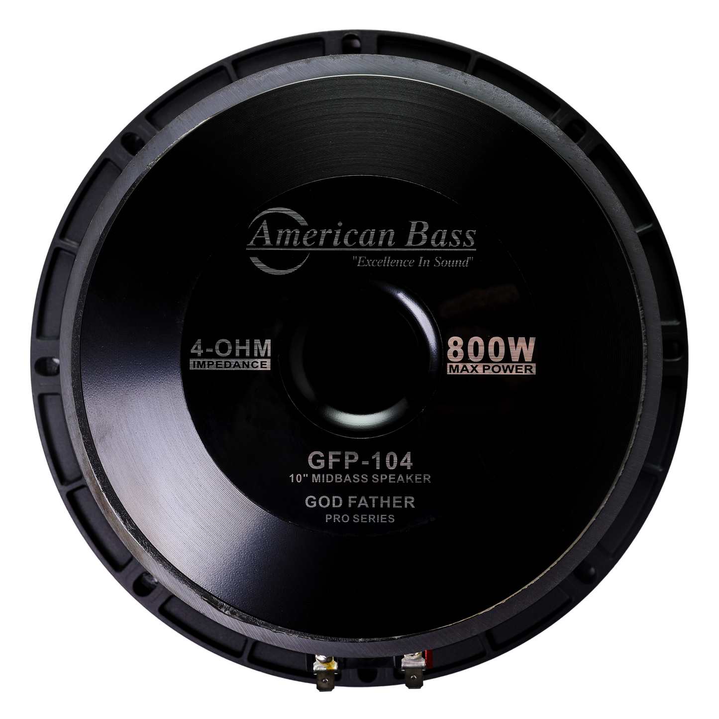 A front view of the American Bass Godfather Pro Cast 10" Midbass Speaker, a black car audio speaker with 4-ohm impedance and 800W max power, shown against a plain background.