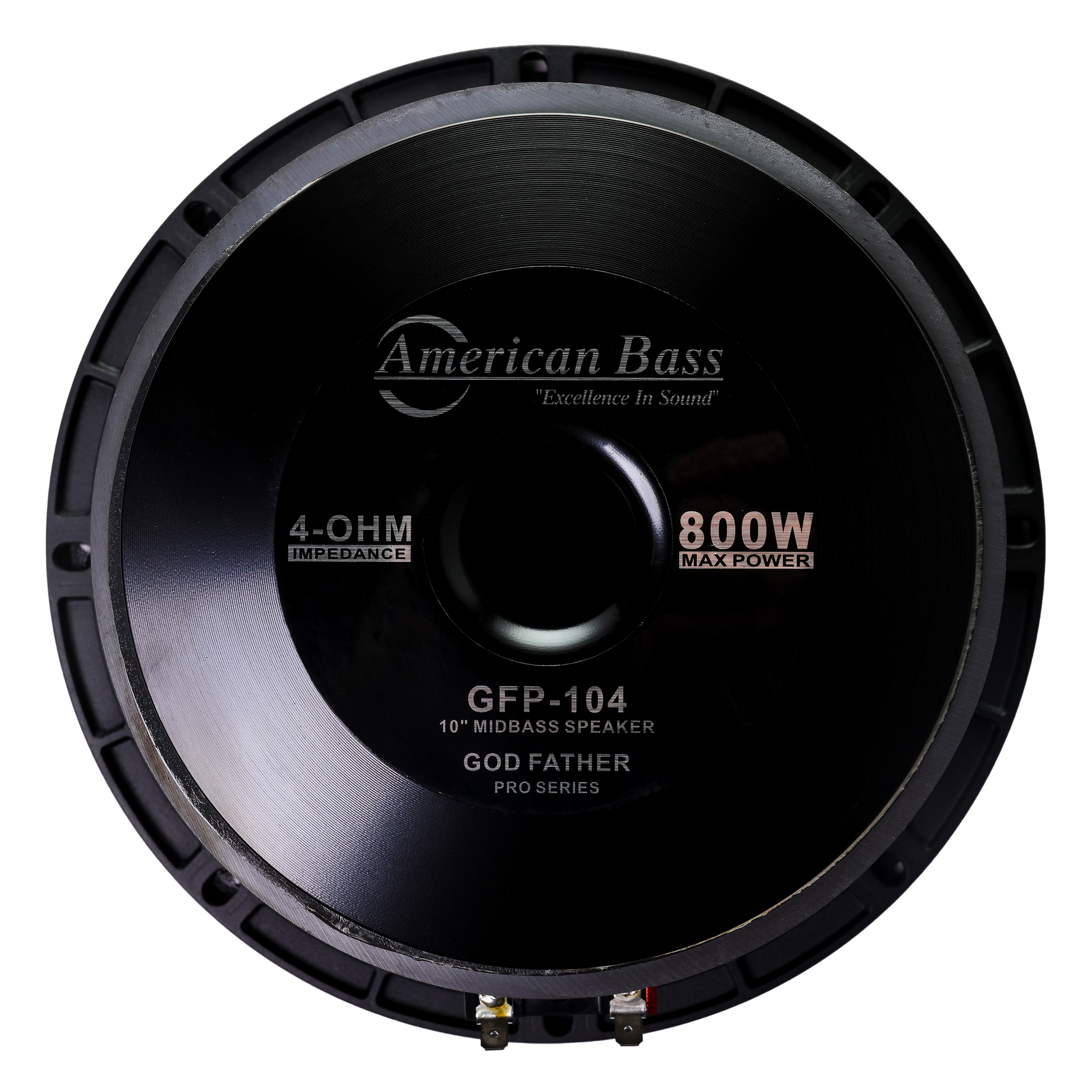A front view of the American Bass Godfather Pro Cast 10" Midbass Speaker, a black car audio speaker with 4-ohm impedance and 800W max power, shown against a plain background.