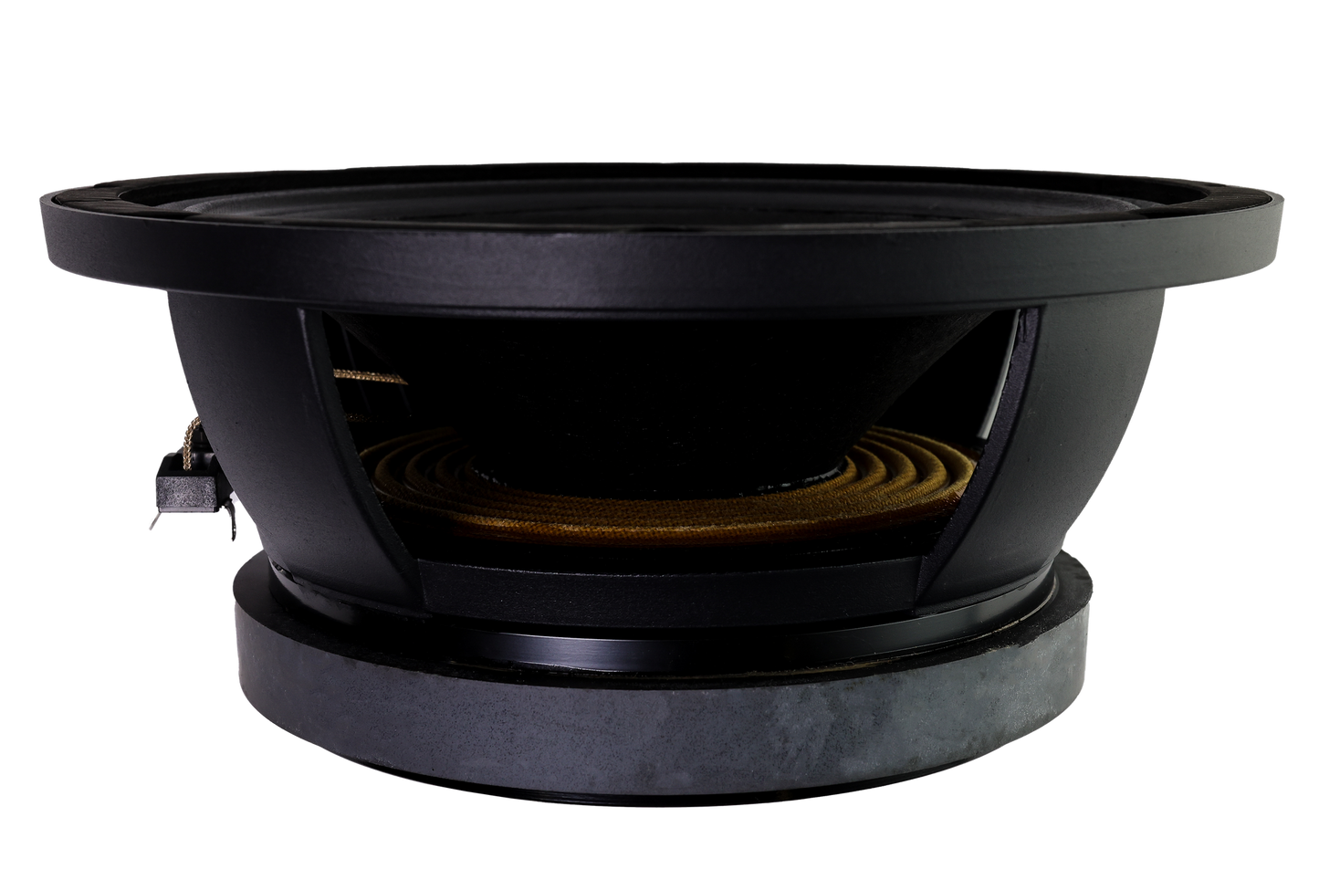 A close-up of the American Bass Godfather Pro Cast 10" Midbass Speaker (800 Watts) shows its large circular cone, sturdy metal frame, and magnetic base, all isolated against a white background.