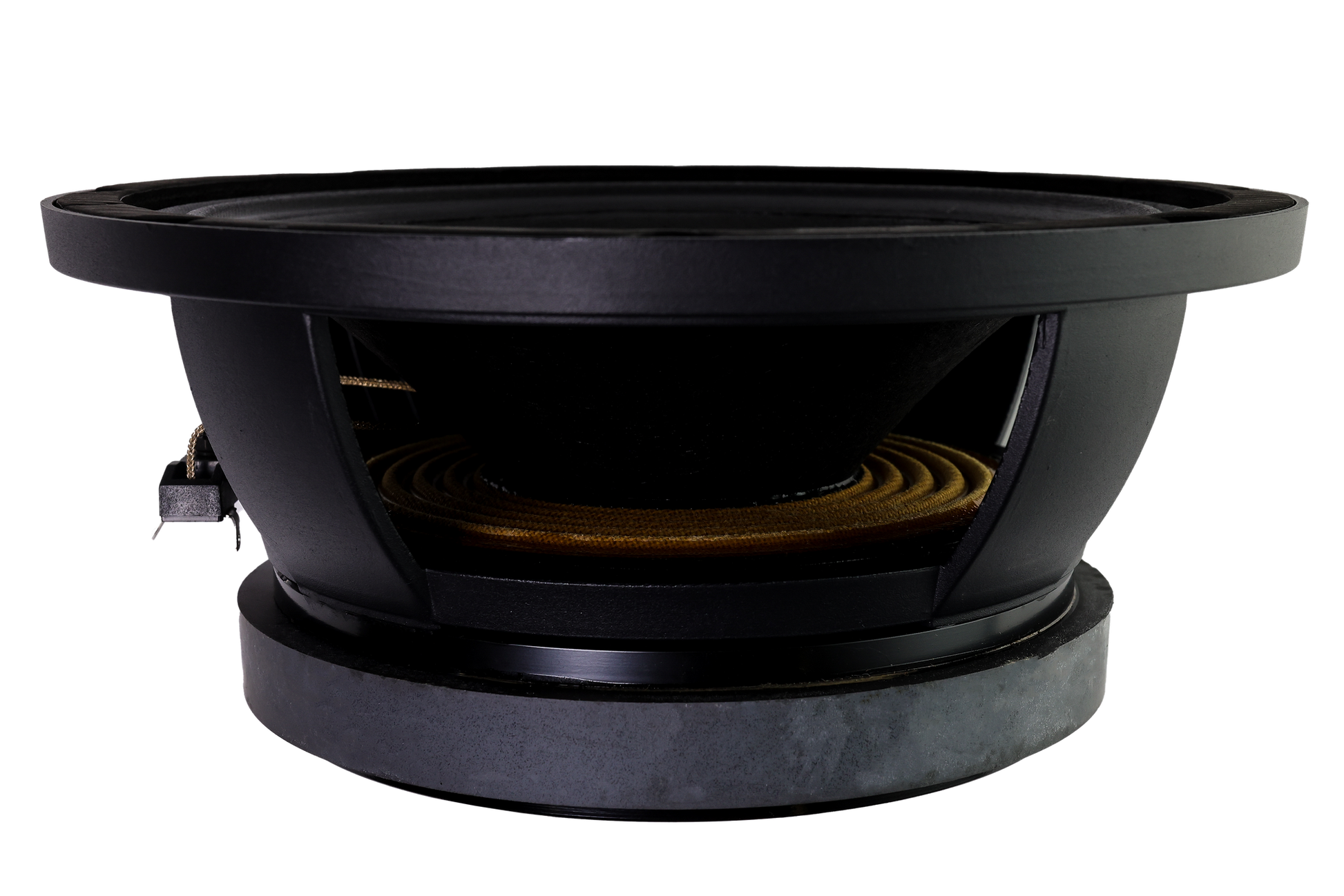 A close-up of the American Bass Godfather Pro Cast 10" Midbass Speaker (800 Watts) shows its large circular cone, sturdy metal frame, and magnetic base, all isolated against a white background.