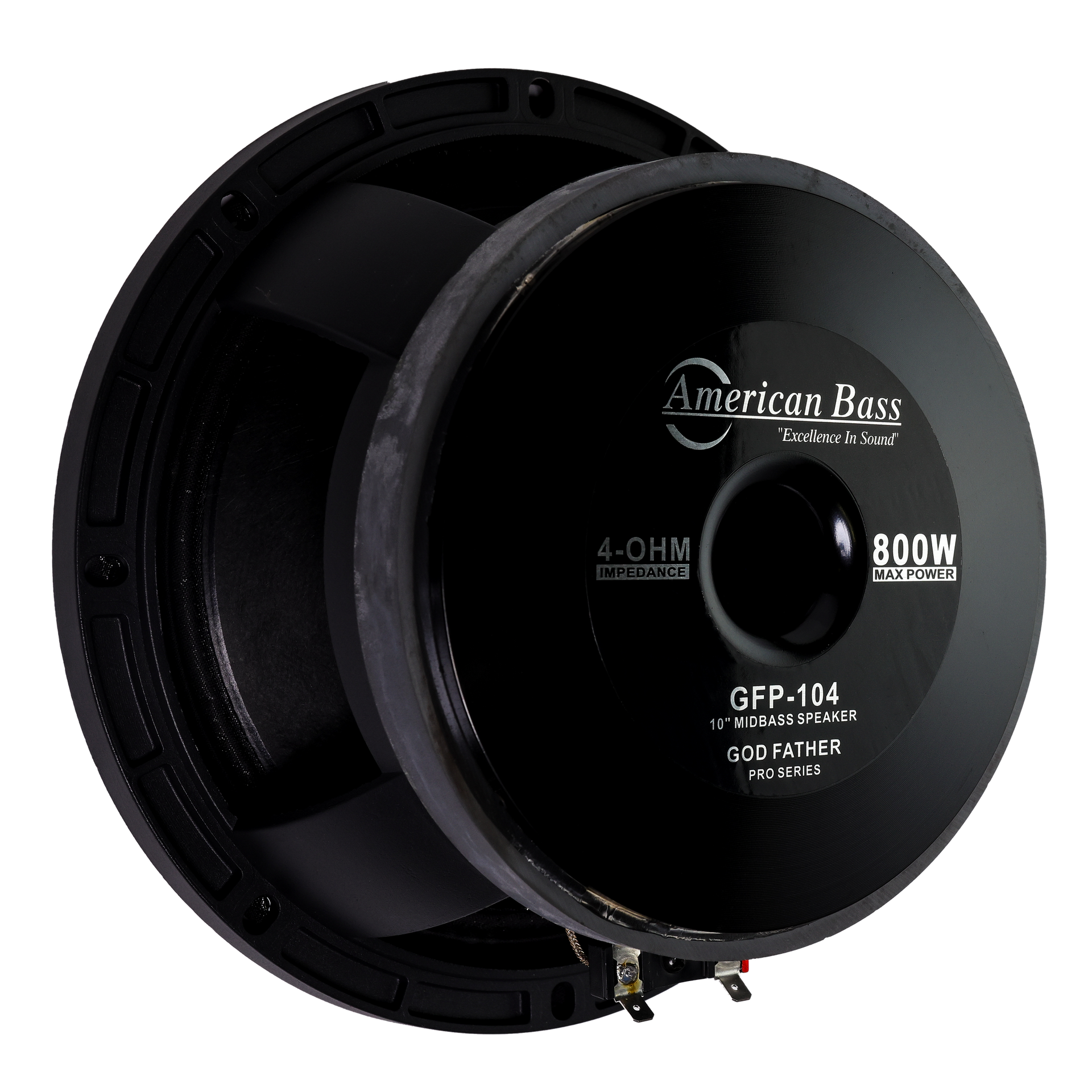 The American Bass Godfather Pro Cast 10" Midbass Speaker features Kevlar fiber cones, 4-ohm impedance, and 800W max power. The black GFP-104 model is shown at an angle highlighting its front and side.