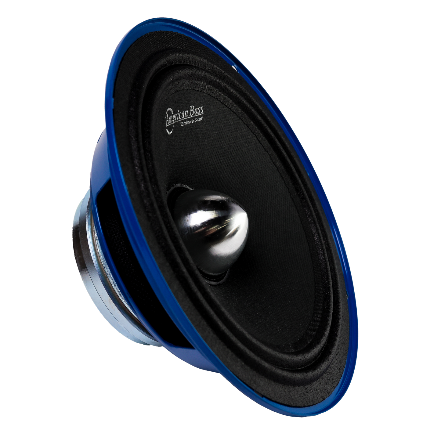 An American Bass NEO 6.5" Midrange Speaker (300 Watts) with a blue and black design and shiny silver center, featuring a neodymium magnet, is angled against a white background with the brand name visible on the cone.