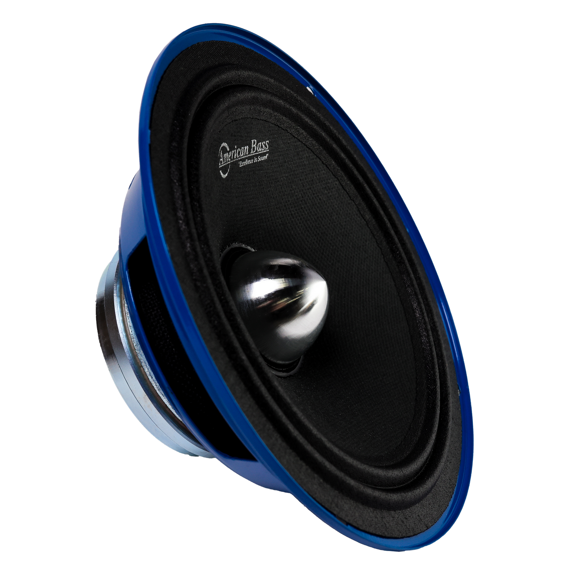 An American Bass NEO 6.5" Midrange Speaker (300 Watts) with a blue and black design and shiny silver center, featuring a neodymium magnet, is angled against a white background with the brand name visible on the cone.