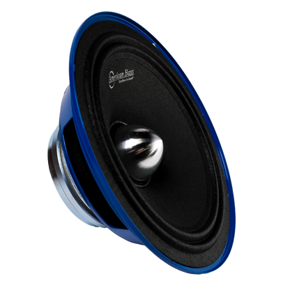 An American Bass NEO 6.5" Midrange Speaker (300 Watts) with a blue and black design and shiny silver center, featuring a neodymium magnet, is angled against a white background with the brand name visible on the cone.