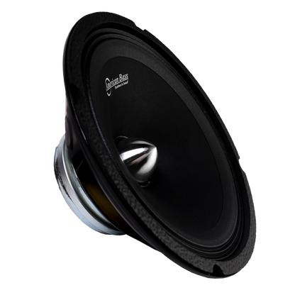 An American Bass NEO 8" Midrange Speaker (400 Watts) with a metallic cone and "Emotion Bass" label is shown against a plain white background, featuring a powerful neodymium magnet.