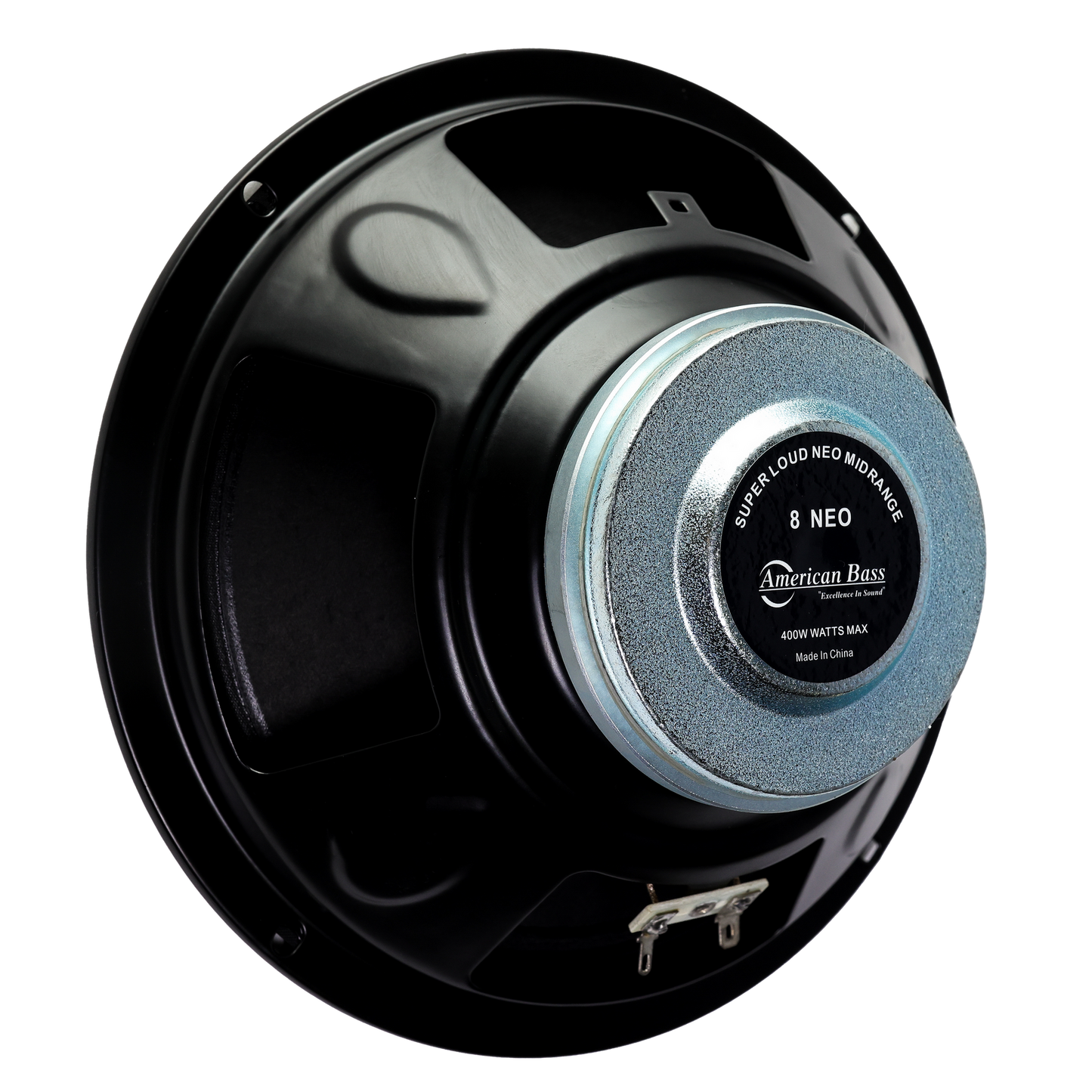 A close-up of the American Bass NEO 8" Midrange Speaker (400 Watts) showcases its neodymium magnet, metallic elements, and power label—perfect as a super loud car door speaker.