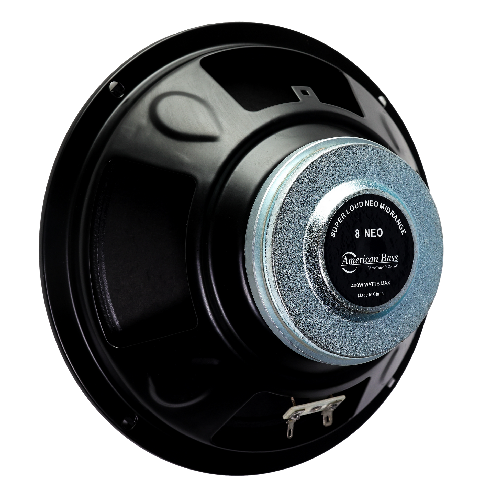 A close-up of the American Bass NEO 8" Midrange Speaker (400 Watts) showcases its neodymium magnet, metallic elements, and power label—perfect as a super loud car door speaker.