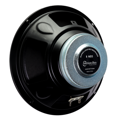 A close-up of the American Bass NEO 8" Midrange Speaker (400 Watts) showcases its neodymium magnet, metallic elements, and power label—perfect as a super loud car door speaker.