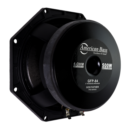An American Bass Godfather Pro Cast 8" Midbass Speaker (500W), part of the car audio Godfather Pro series, with product details labeled on the back.