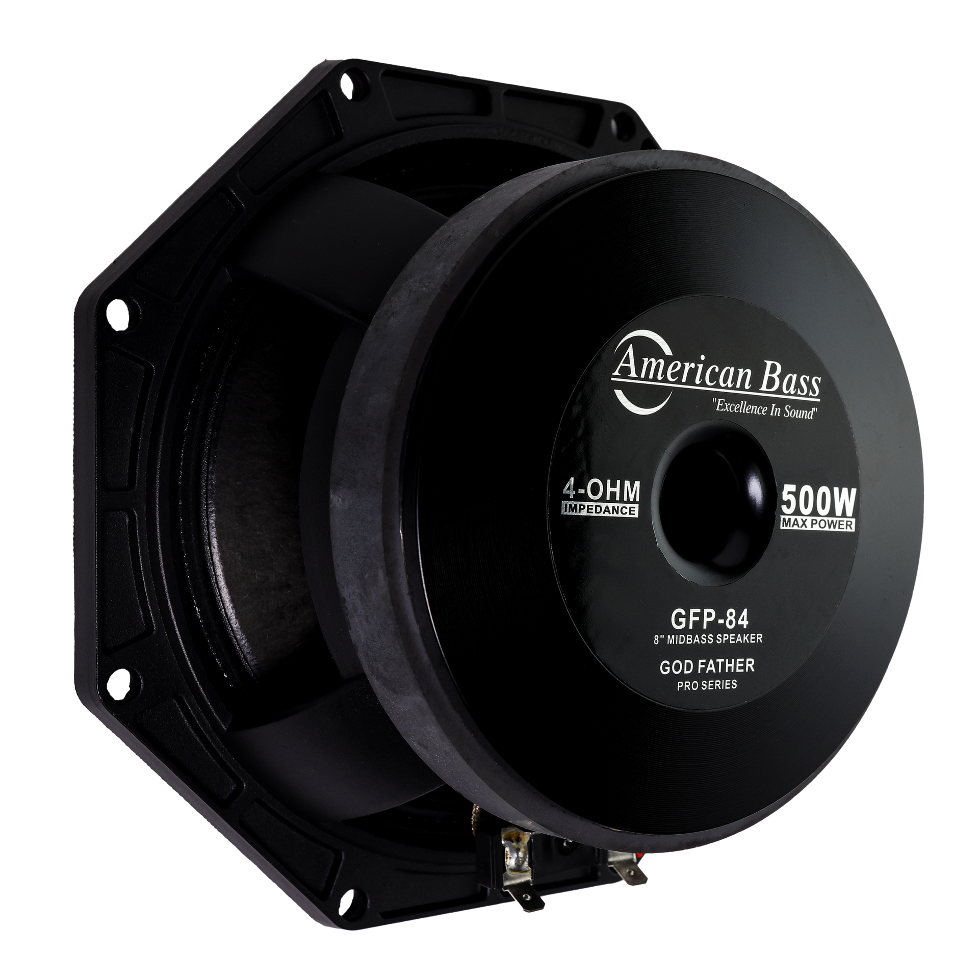 An American Bass Godfather Pro Cast 8" Midbass Speaker (500W), part of the car audio Godfather Pro series, with product details labeled on the back.