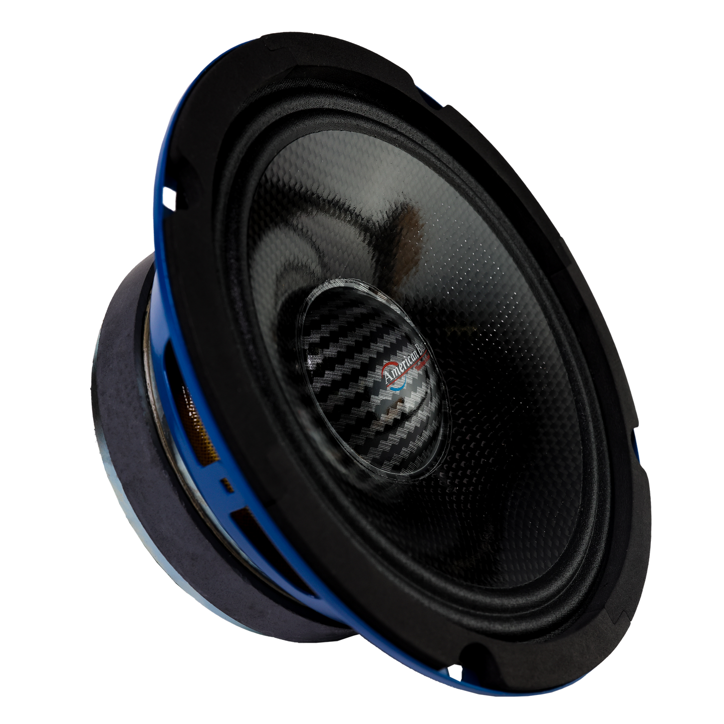 A close-up of American Bass Godfather 6.5 Carbon Cone Midrange Speakers (400W/pair) features their black and blue carbon fiber-textured cones, highlighting premium car audio design against a white background.