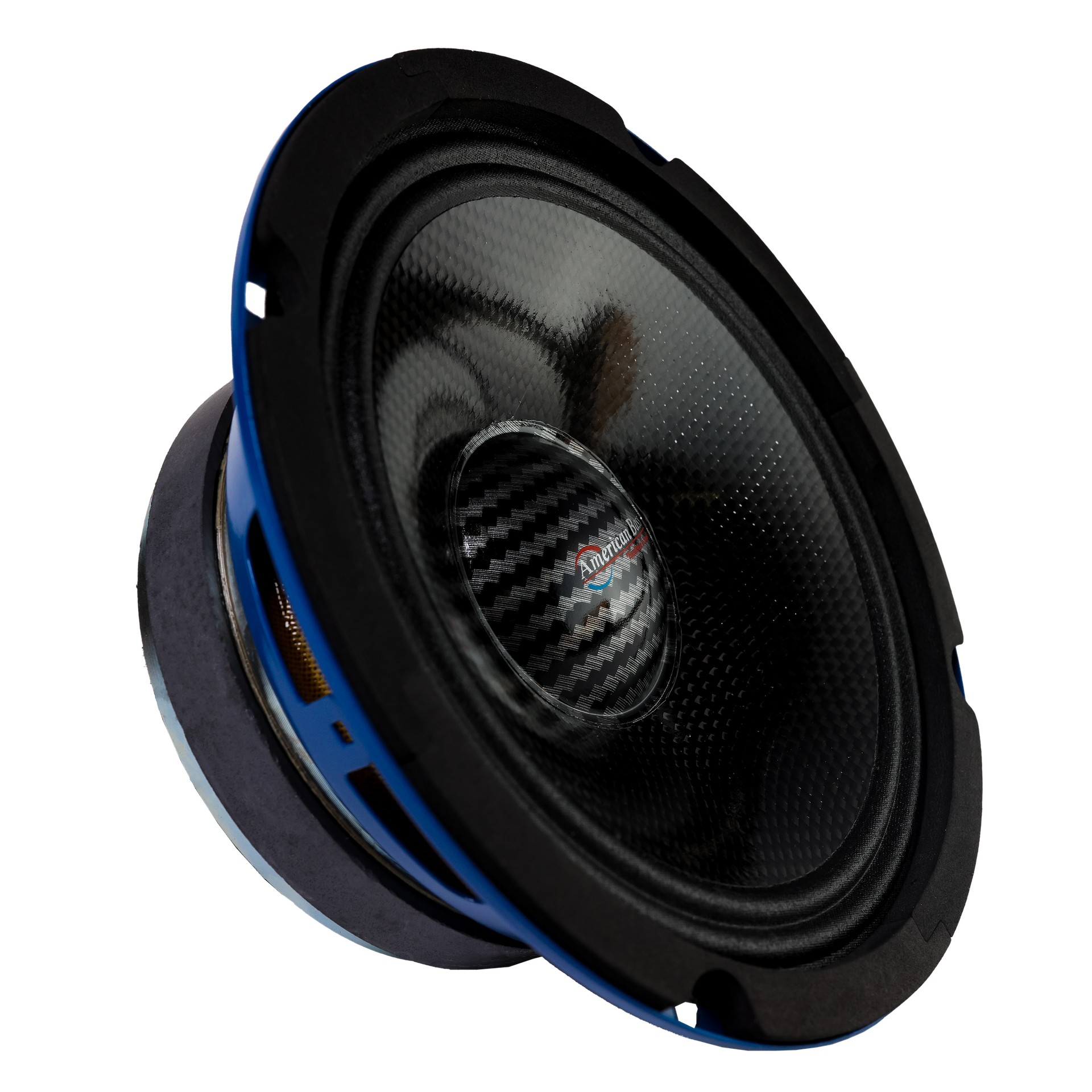 A close-up of American Bass Godfather 6.5 Carbon Cone Midrange Speakers (400W/pair) features their black and blue carbon fiber-textured cones, highlighting premium car audio design against a white background.