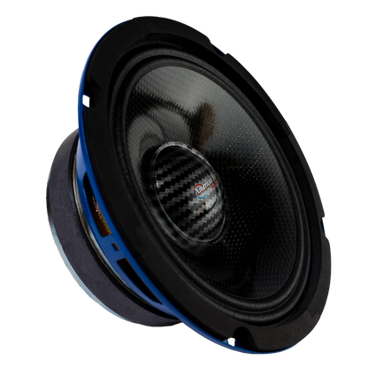 A close-up of American Bass Godfather 6.5 Carbon Cone Midrange Speakers (400W/pair) features their black and blue carbon fiber-textured cones, highlighting premium car audio design against a white background.