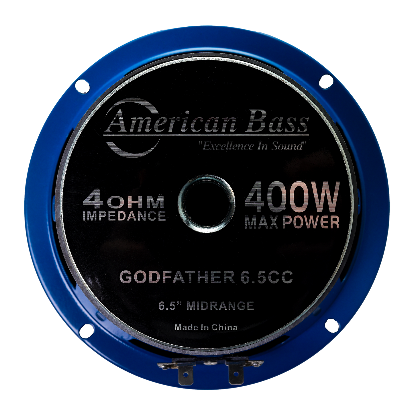 An American Bass Godfather 6.5 Carbon Cone Midrange Speaker with blue rim, labeled "Excellence In Sound," features a high-temp voice coil, 4 Ohm impedance, 400W max power (pair), and is made in China.