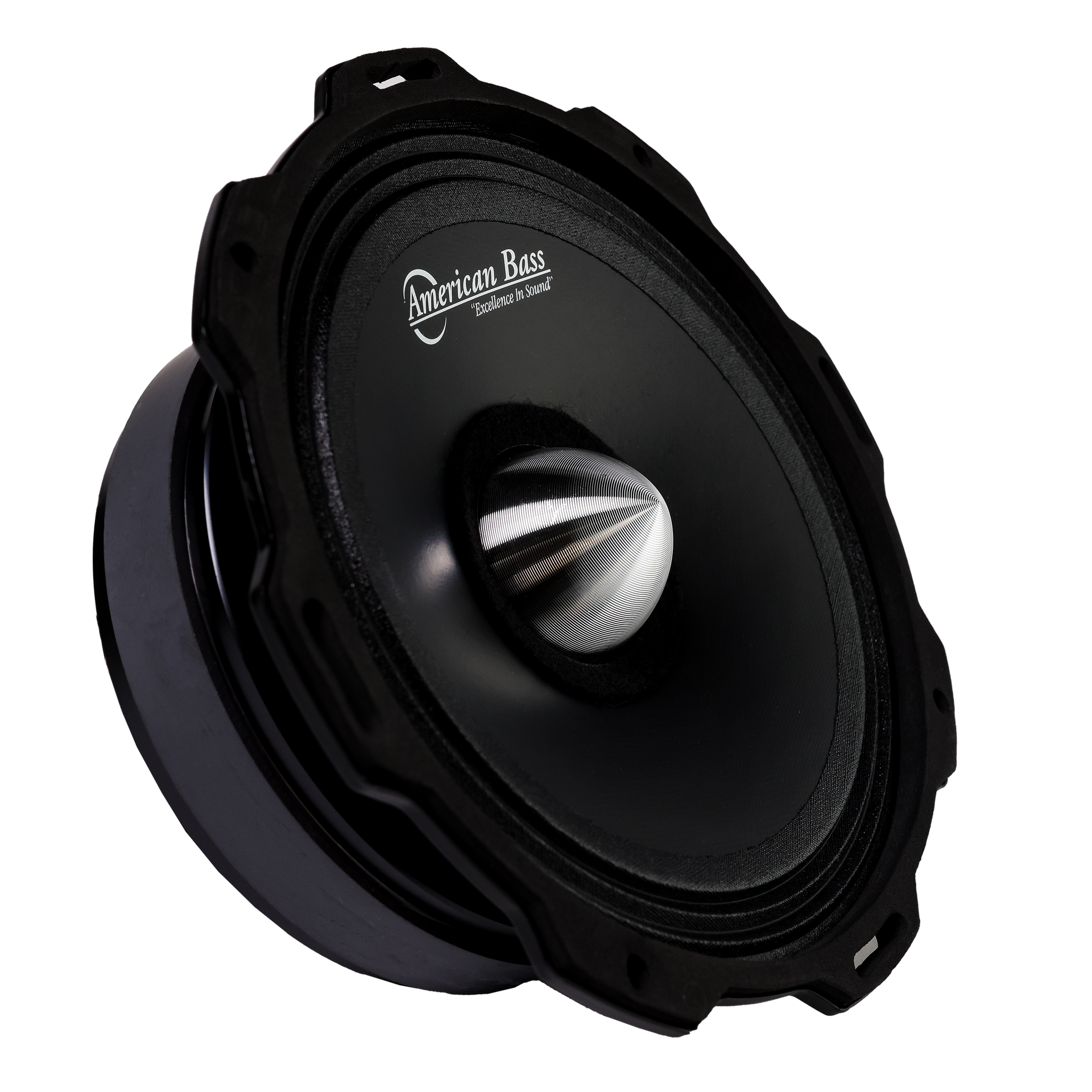 An American Bass Godfather 6.5″ Midrange Speaker (300 Watts) with a black finish and metallic center cone is seen at an angle on a plain white background, highlighting its premium car audio design.