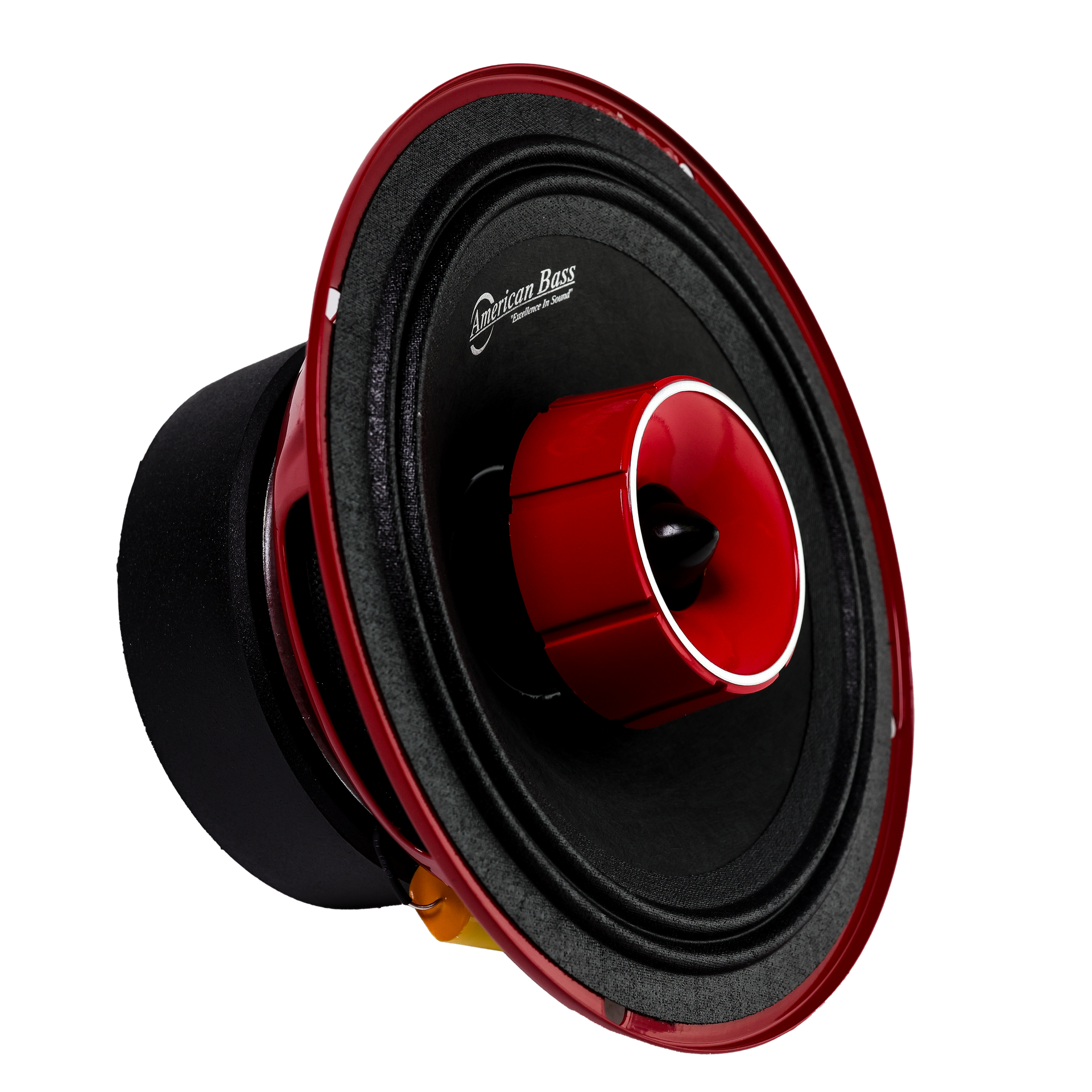 The American Bass Godfather 6.5 Midrange Speaker w/Tweeter (600 Watts), featuring a black and red design and cone-shaped center, is pictured against a white background with the American Bass logo on the rim.