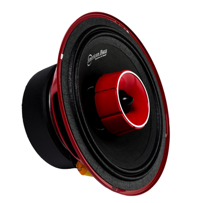 The American Bass Godfather 6.5 Midrange Speaker w/Tweeter (600 Watts), featuring a black and red design and cone-shaped center, is pictured against a white background with the American Bass logo on the rim.