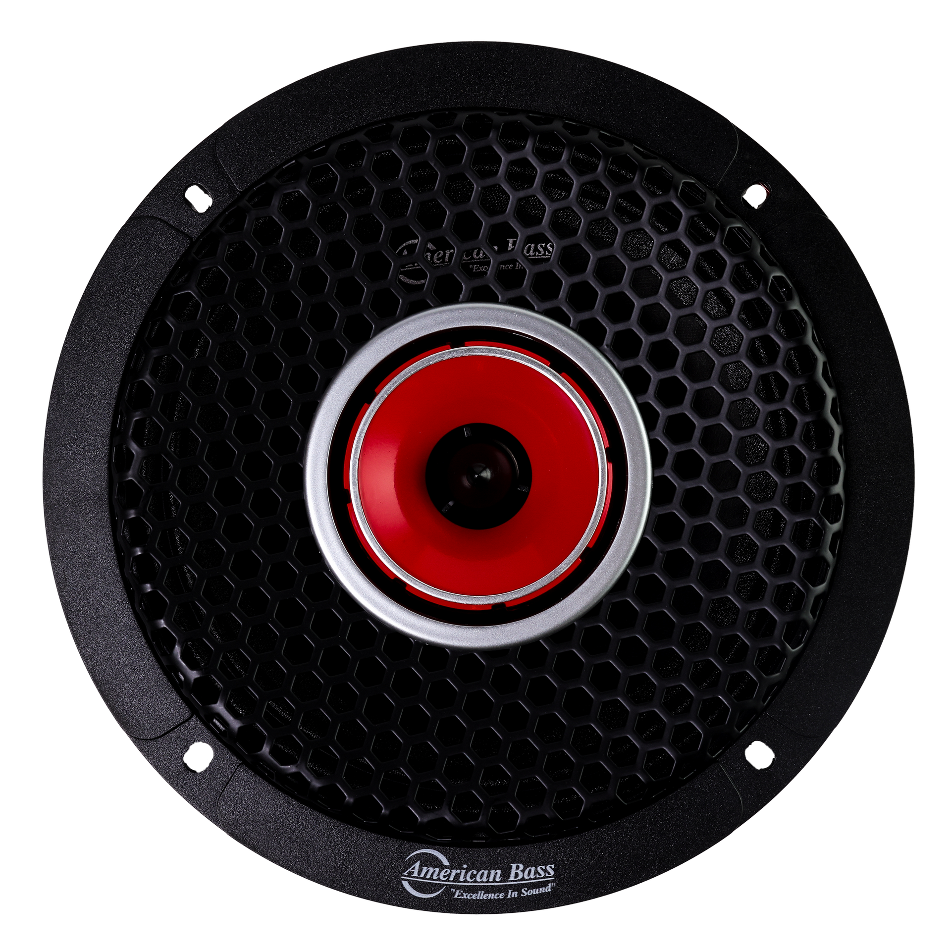 Close-up of the American Bass Godfather 6.5 Midrange Speaker w/Tweeter (600 Watts), featuring a round black honeycomb grille, red center, silver trim, and four mounting holes for a stylish, symmetrical car audio design.