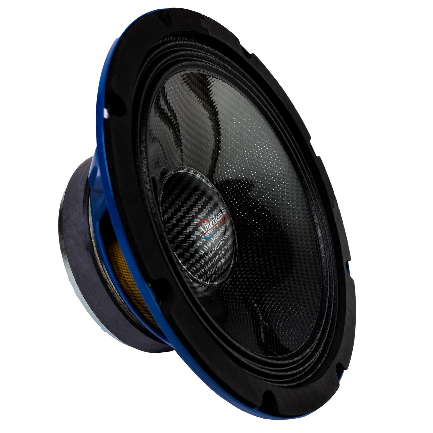 A close-up of the American Bass Godfather 8" Carbon Cone Midrange Speaker (200 Watts), featuring a black and blue design, shown at an angle against a plain white background.