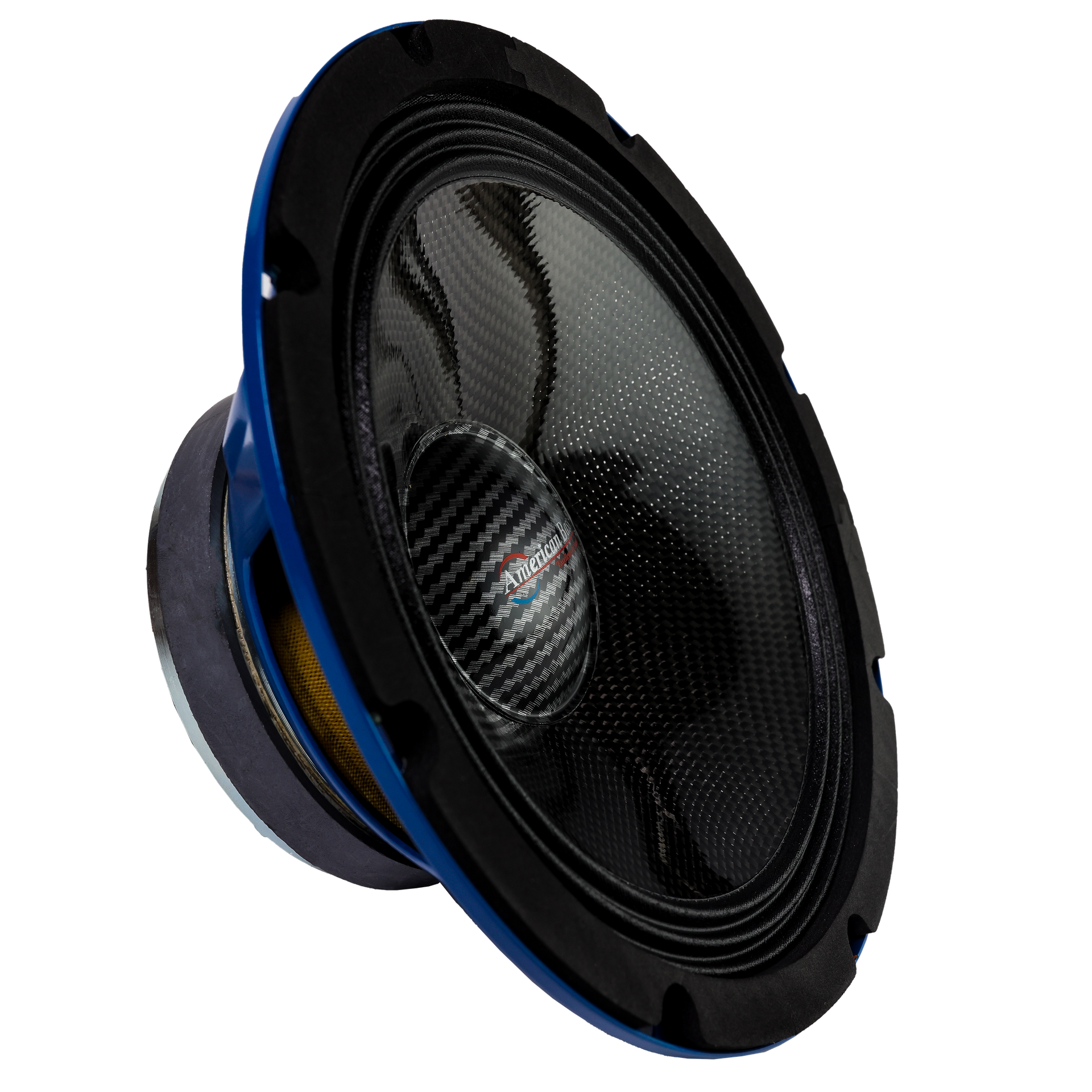 A close-up of the American Bass Godfather 8" Carbon Cone Midrange Speaker (200 Watts), featuring a black and blue design, shown at an angle against a plain white background.