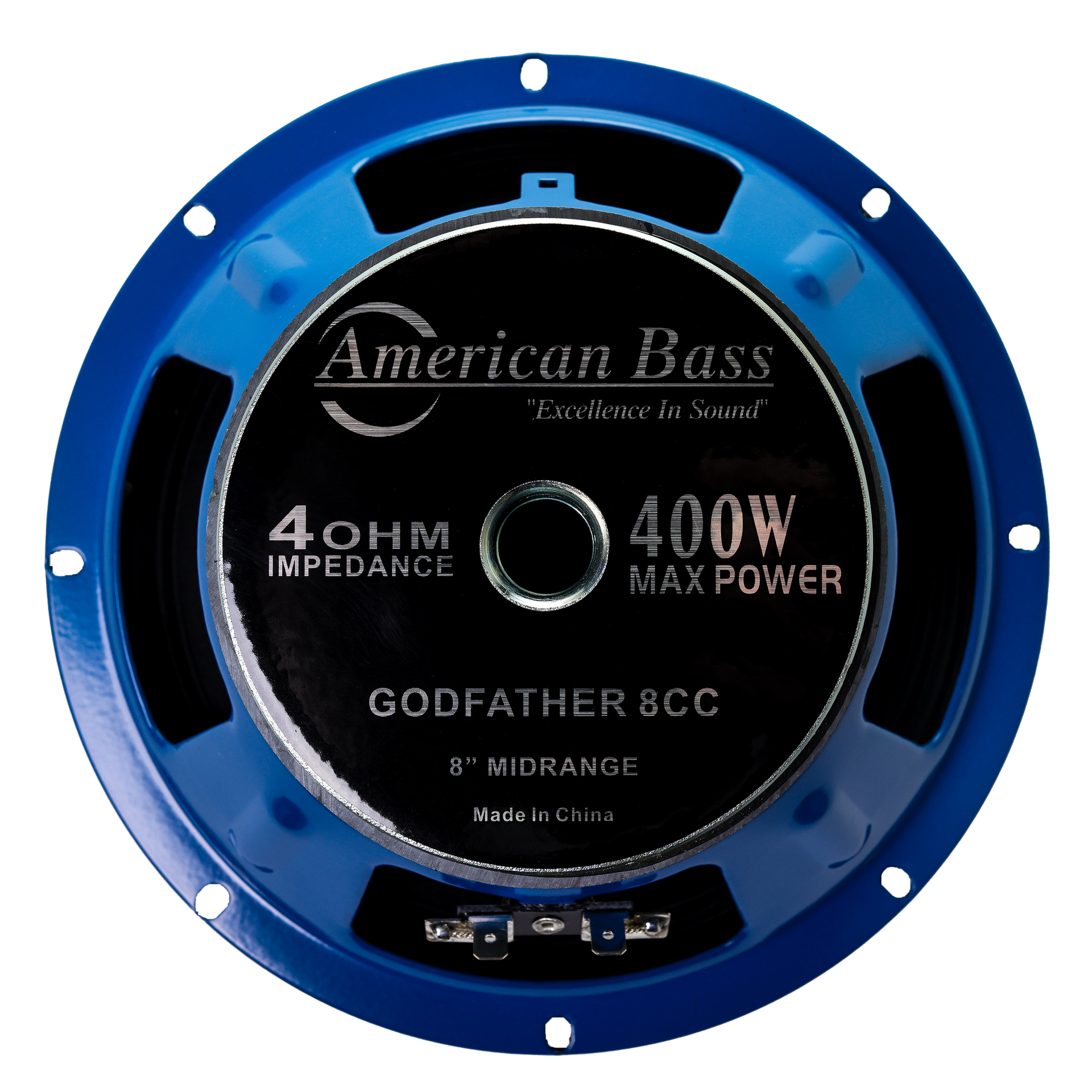 The American Bass Godfather 8" Carbon Cone Midrange Speaker offers 400W max power, a 4-ohm impedance, and features a blue and black design with "Excellence in Sound" and "Made in China" printed on it.