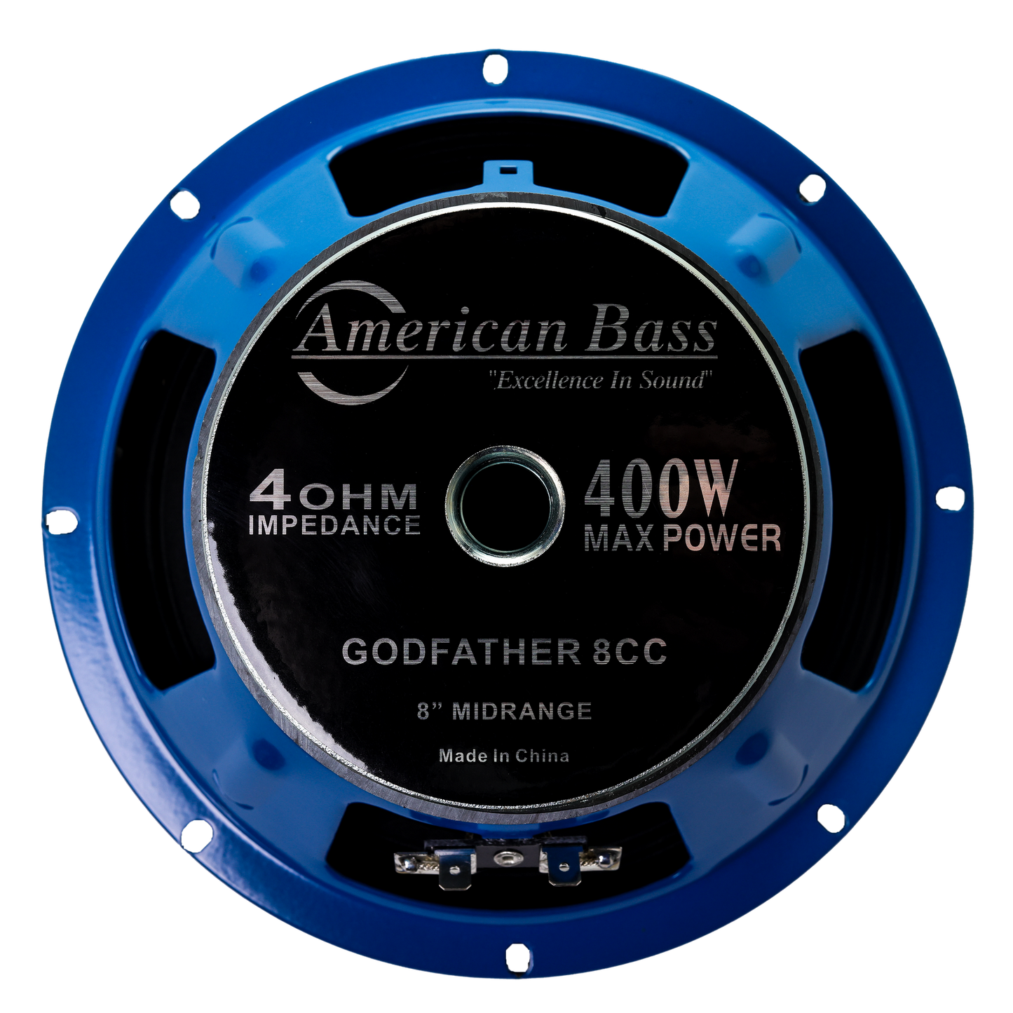 The American Bass Godfather 8" Carbon Cone Midrange Speaker delivers clean mids with a 4 Ohm impedance and 200W power—featuring a blue design and black center label, it's a high-performance car audio upgrade.