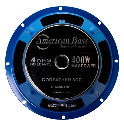 The American Bass Godfather 8" Carbon Cone Midrange Speaker delivers clean mids with a 4 Ohm impedance and 200W power—featuring a blue design and black center label, it's a high-performance car audio upgrade.
