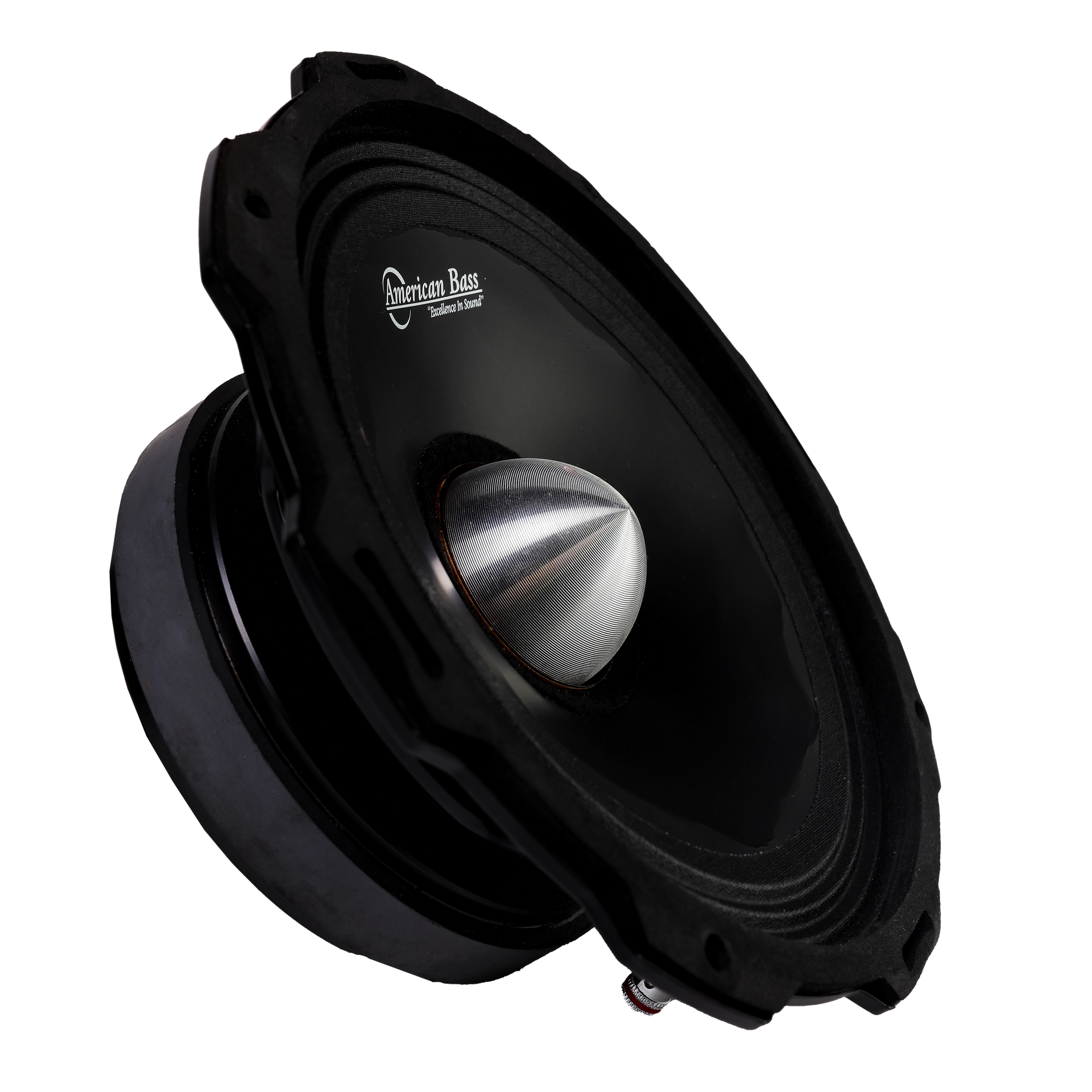 The American Bass Godfather 8″ Midrange Speaker (800 Watts) in black, featuring a silver cone and exposed mounting frame, is displayed on a plain white background—ideal for premium car audio installations.