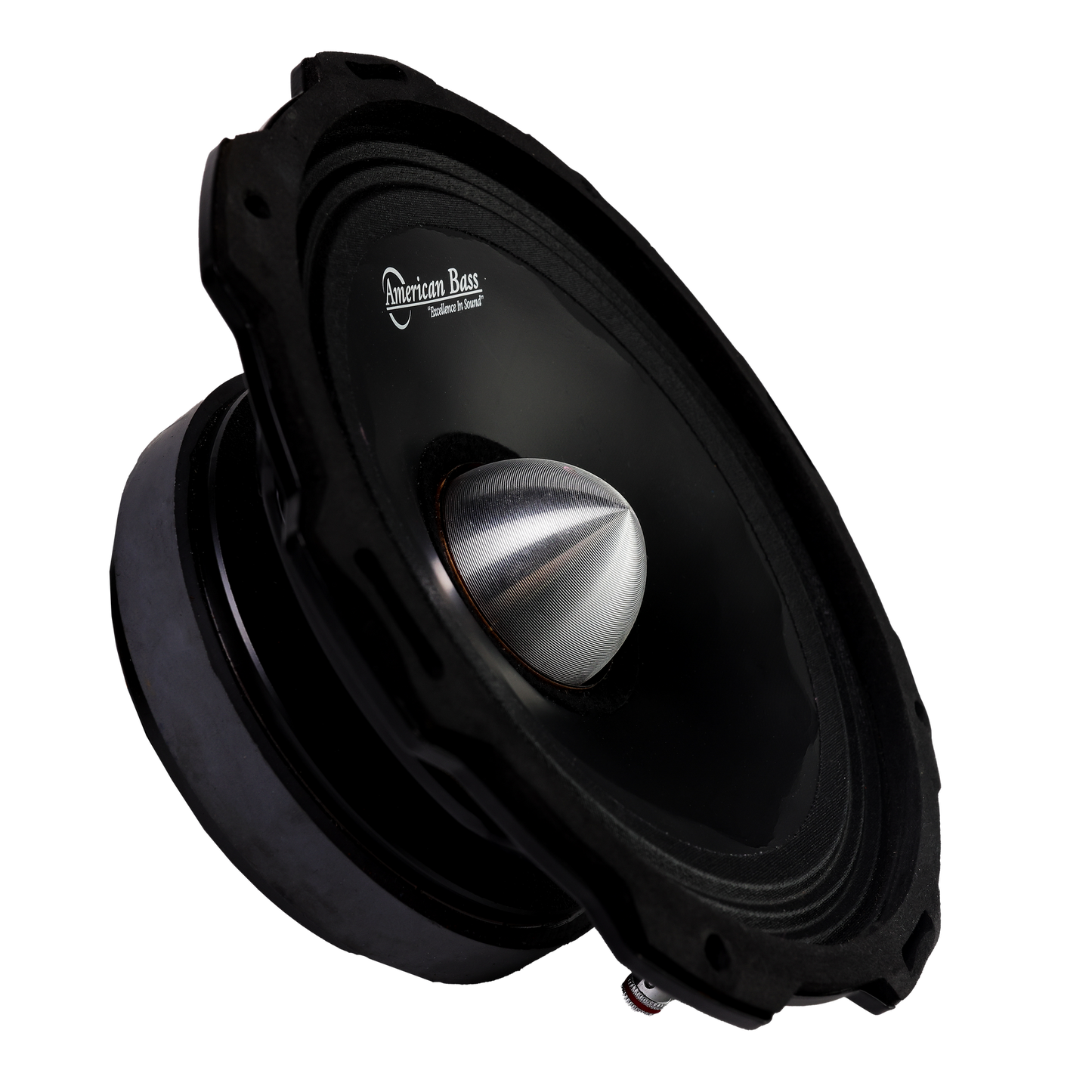 A close-up of the American Bass Godfather 8″ Midrange Speaker (400 Watts) with a silver cone center, a top pick in car audio, shown against a plain white background.