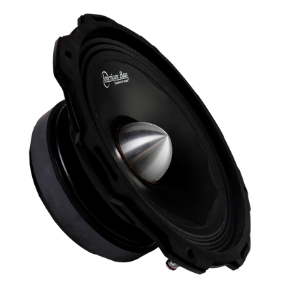 A close-up of the American Bass Godfather 8″ Midrange Speaker (400 Watts) with a silver cone center, a top pick in car audio, shown against a plain white background.