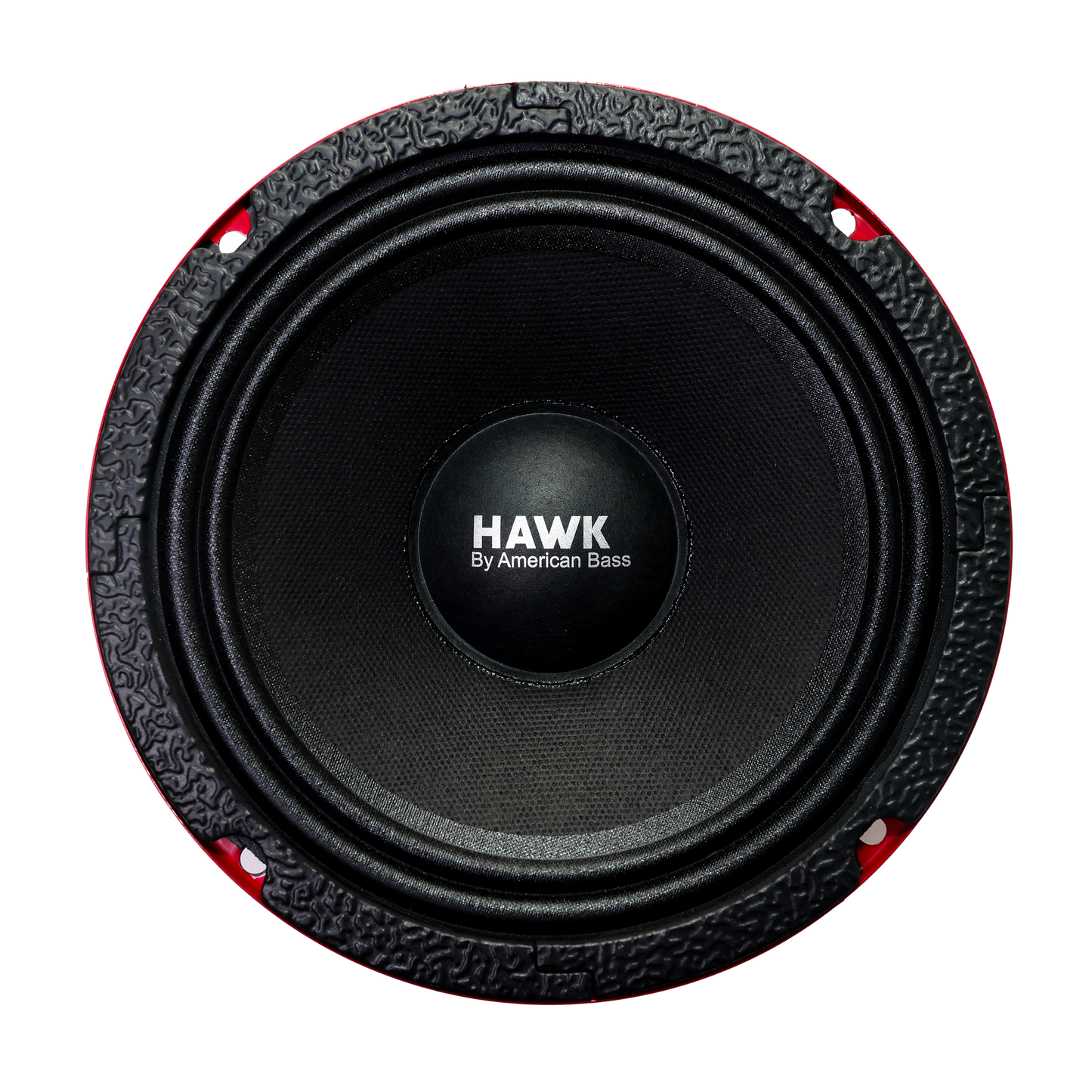 A close-up of the American Bass HAWK 6.5" Midrange Speaker (500 Watts), featuring "HAWK By American Bass" at the center and a textured black and red rim, set against a plain white background.