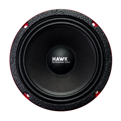 A close-up of the American Bass HAWK 6.5" Midrange Speaker (500 Watts), featuring "HAWK By American Bass" at the center and a textured black and red rim, set against a plain white background.