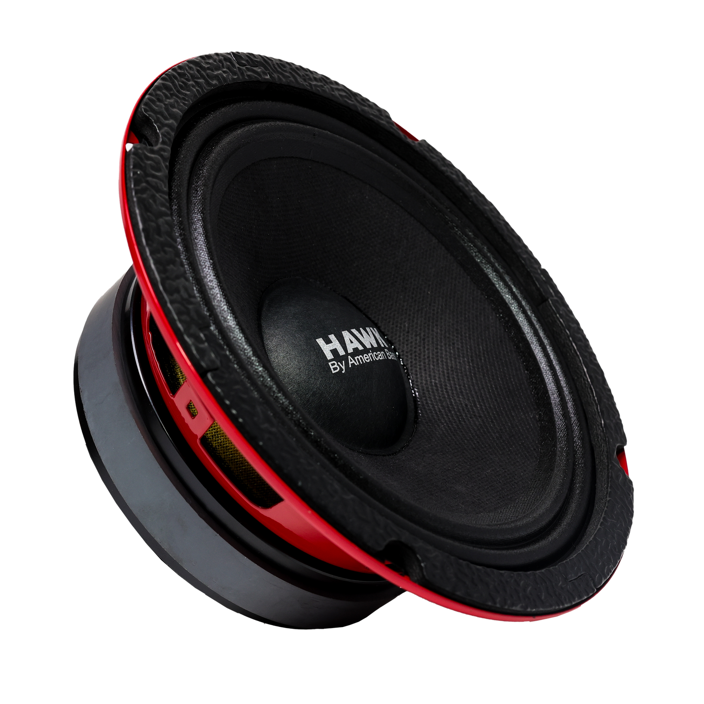 A black and red American Bass HAWK 6.5" Midrange Speaker (500 Watts) with a textured edge, angled to display its cone, outer casing, and center branding.