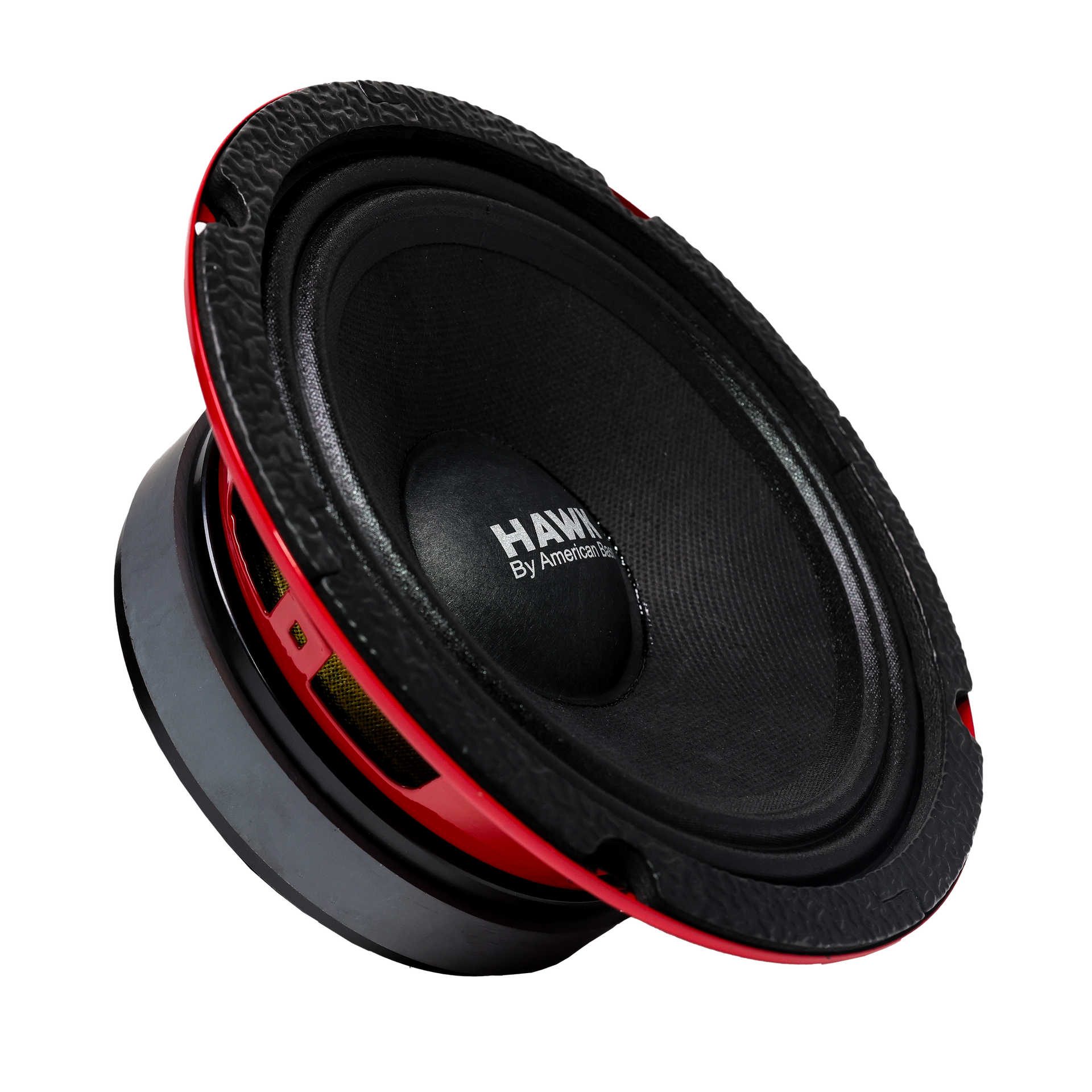 A black and red American Bass HAWK 6.5" Midrange Speaker (500 Watts) with a textured edge, angled to display its cone, outer casing, and center branding.