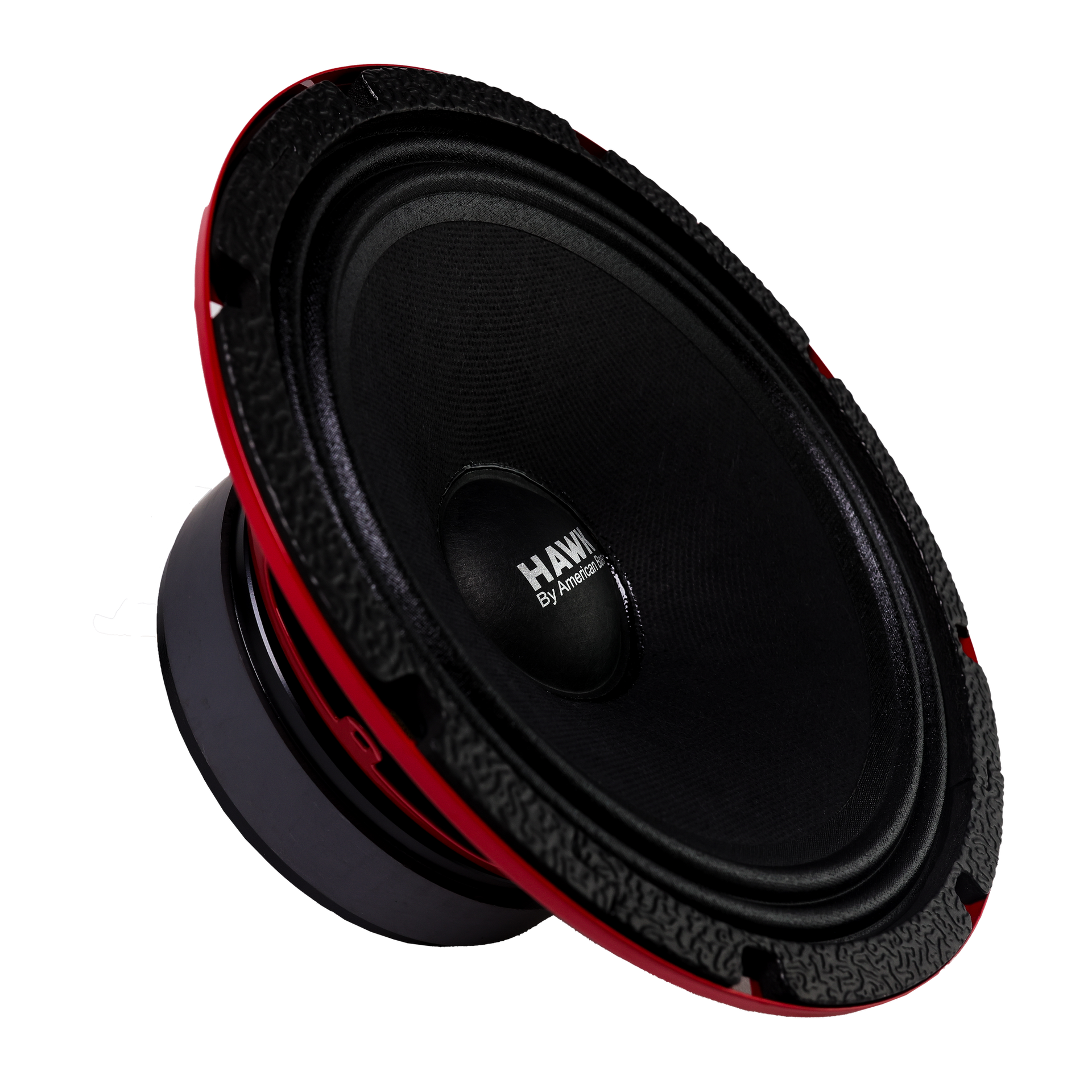 The American Bass HAWK 8″ Midrange Speaker (600W) features a black and red round design with a textured rim and “American Bass Hawk” on the cone, shown at an angle against a white background—ideal for car audio systems.