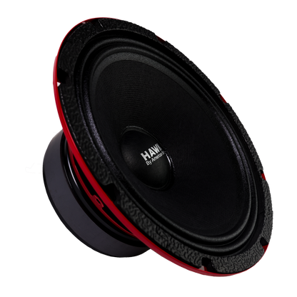 The American Bass HAWK 8″ Midrange Speaker (600W) features a black and red round design with a textured rim and “American Bass Hawk” on the cone, shown at an angle against a white background—ideal for car audio systems.