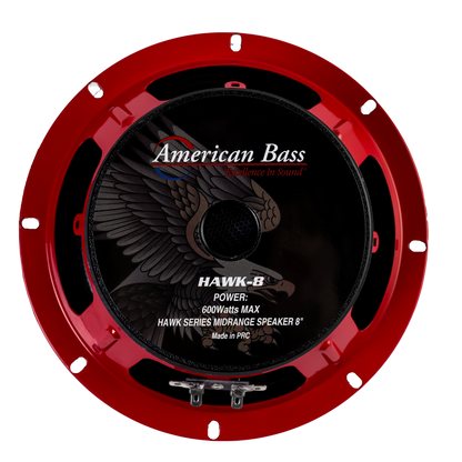 The American Bass HAWK 8″ Midrange Speaker for car audio features a red and black design with an eagle graphic and center label showing 600 Watts Max, HAWK Series Midrange Speaker 8, Made in PRC.