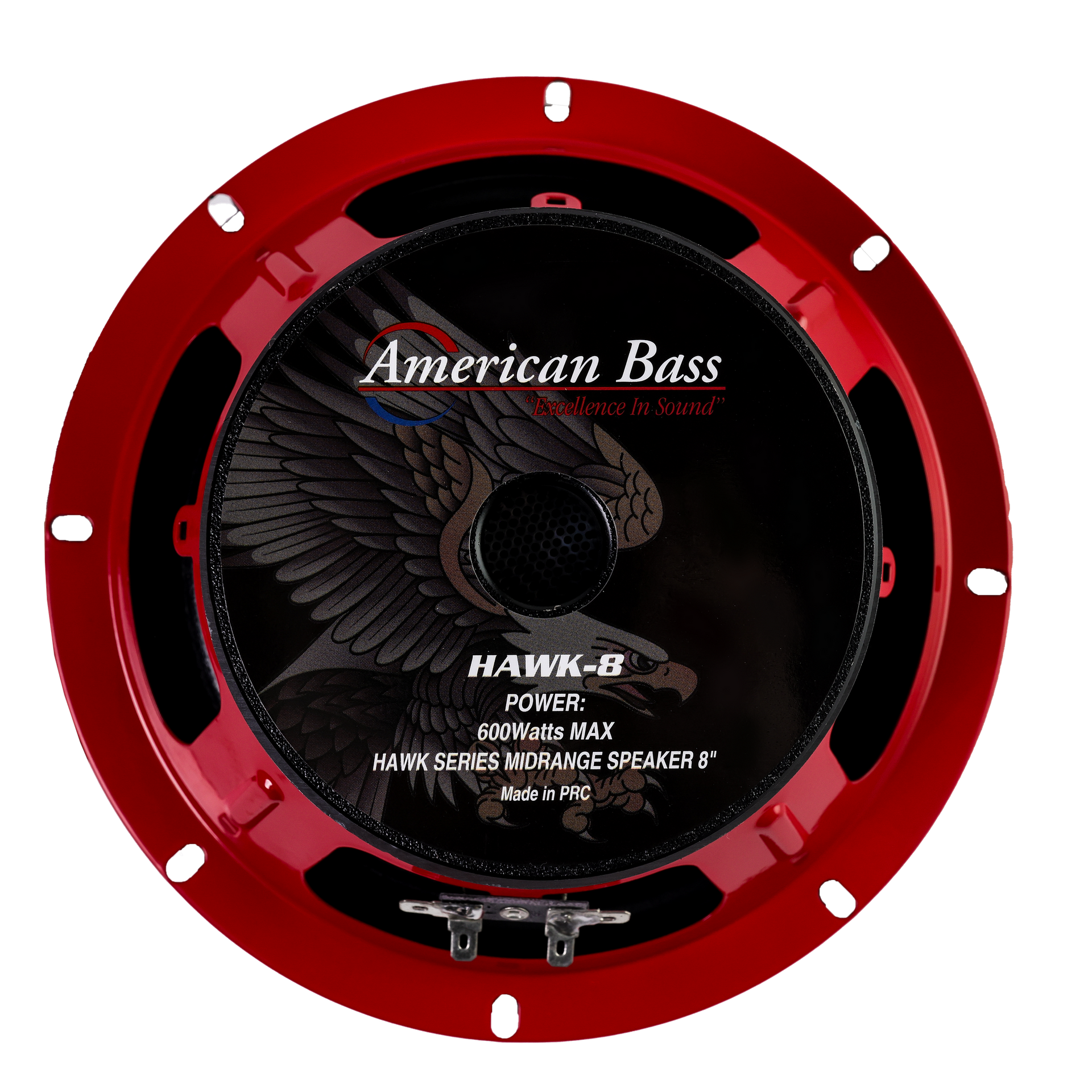 The American Bass HAWK 8″ Midrange Speaker for car audio features a red and black design with an eagle graphic and center label showing 600 Watts Max, HAWK Series Midrange Speaker 8, Made in PRC.