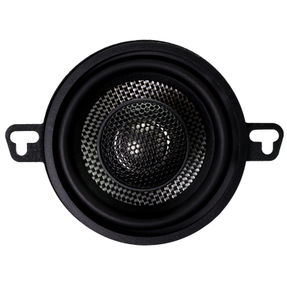A close-up, top-down view of the American Bass SQ 3.5" Full Range Speakers (80W/pair) in black, featuring a textured dome center, circular frame, and dual mounting brackets—ideal for delivering high-quality audio.