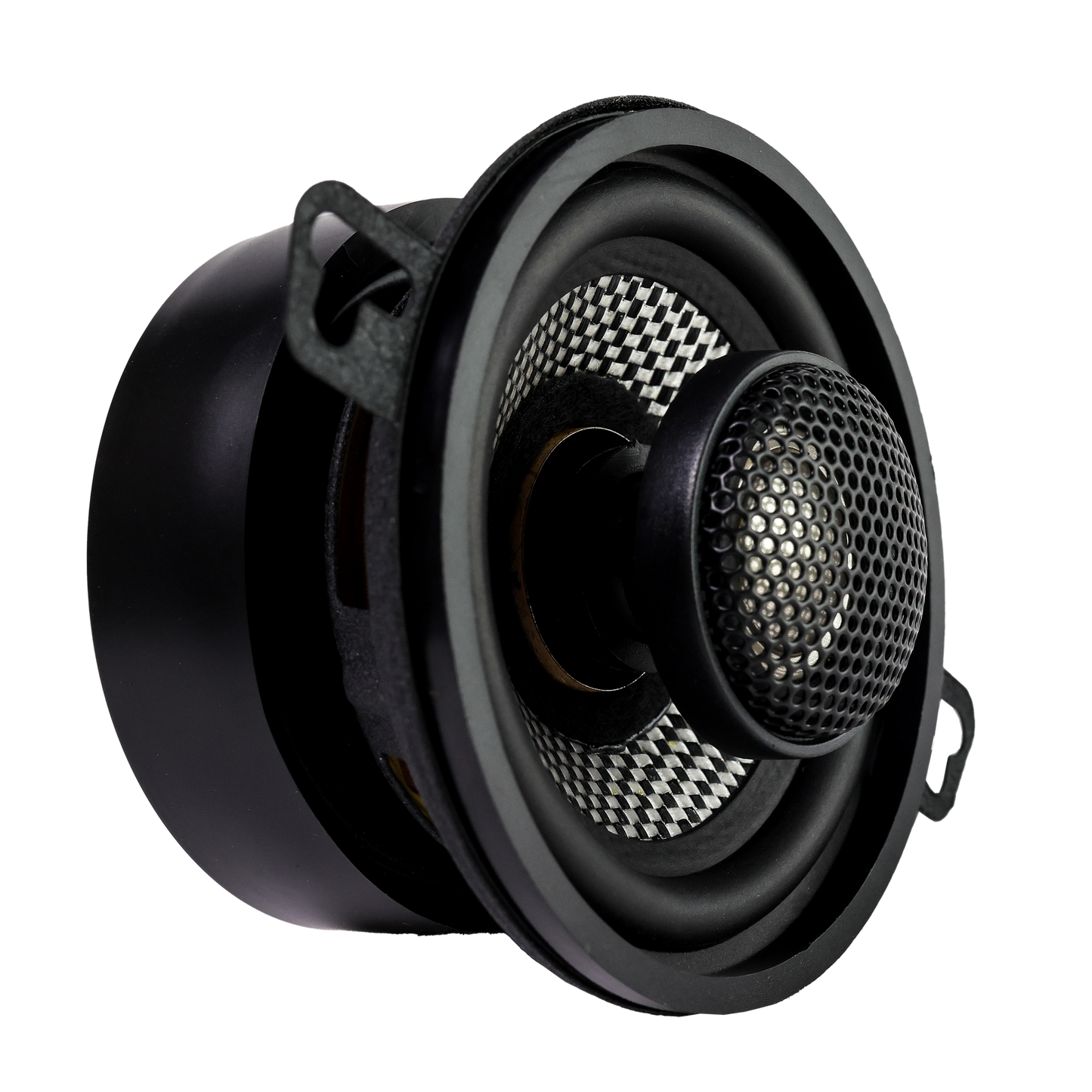 Close-up of an American Bass SQ 3.5" Full Range Speaker, 80 Watts (Pair), featuring a black mesh-covered center and textured cone, isolated on a white background.