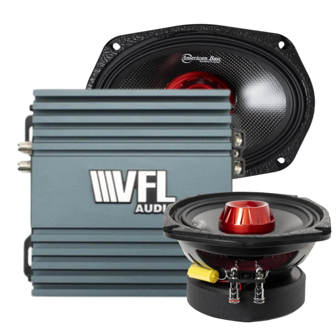 Two American Bass Audio Biker Series 6x9″ midrange speakers, featuring a bold black and red design ideal for motorcycle audio systems, and the powerful VFL Rebel REBEL-900.4 amplifier from the Biker Rebel Bundle are displayed on a pristine white background.