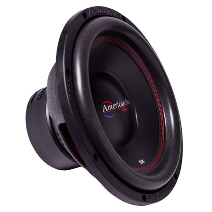 A black American Bass Audio DX 12" car subwoofer, accented with red stitching and featuring the brand's logo at the center, is shown at an angle to display part of the cone and mounting ring—an ideal component of the Ground Pound Bundle, which includes dual 12" DX subwoofers powered by a VFL Rebel REBEL-3000.1 monoblock amplifier.