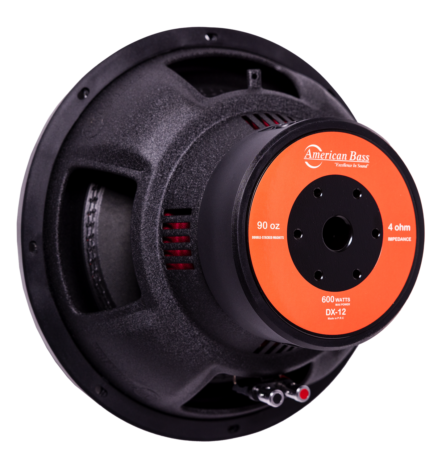 A pair of black American Bass Audio DX 12" subwoofers from the Ground Pound Bundle are shown at an angle on a white background, featuring orange labels with 600 watts, 90 oz magnet weight, and 4 ohm impedance—an ideal match with the included VFL Rebel REBEL-3000.1 amplifier for powerful sound.