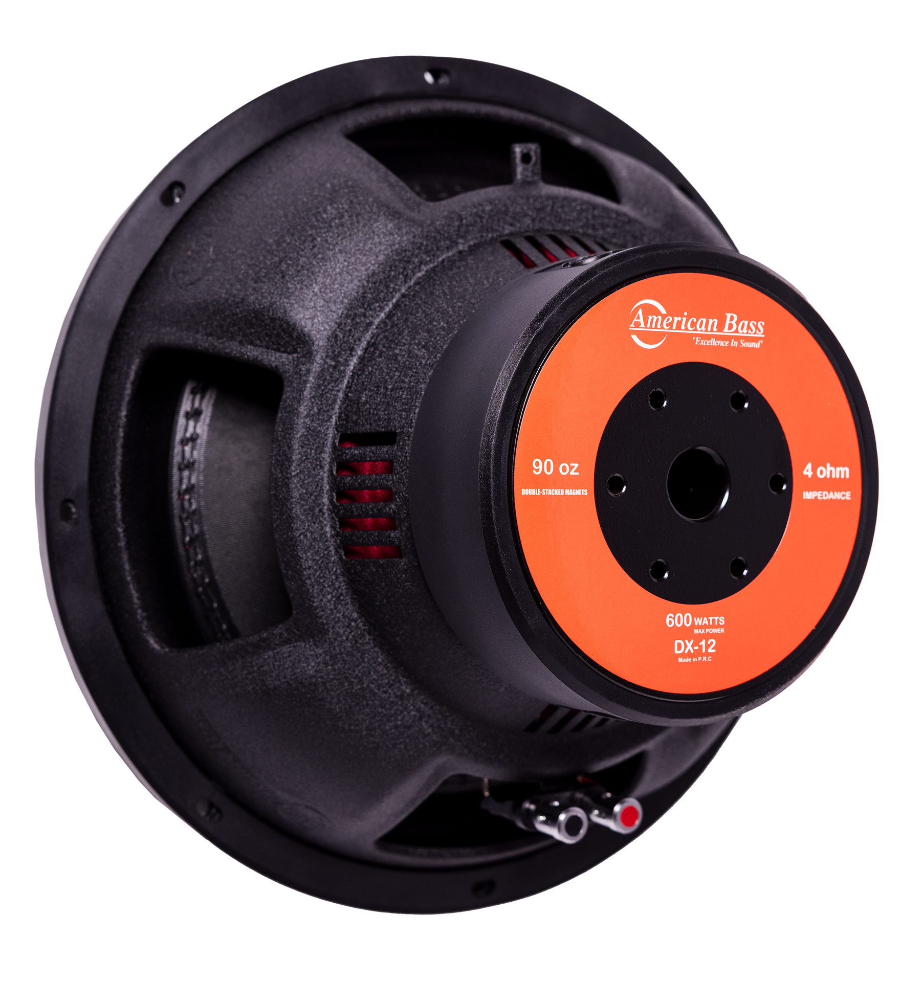 A pair of black American Bass Audio DX 12" subwoofers from the Ground Pound Bundle are shown at an angle on a white background, featuring orange labels with 600 watts, 90 oz magnet weight, and 4 ohm impedance—an ideal match with the included VFL Rebel REBEL-3000.1 amplifier for powerful sound.
