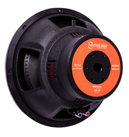 A pair of black American Bass Audio DX 12" subwoofers from the Ground Pound Bundle are shown at an angle on a white background, featuring orange labels with 600 watts, 90 oz magnet weight, and 4 ohm impedance—an ideal match with the included VFL Rebel REBEL-3000.1 amplifier for powerful sound.