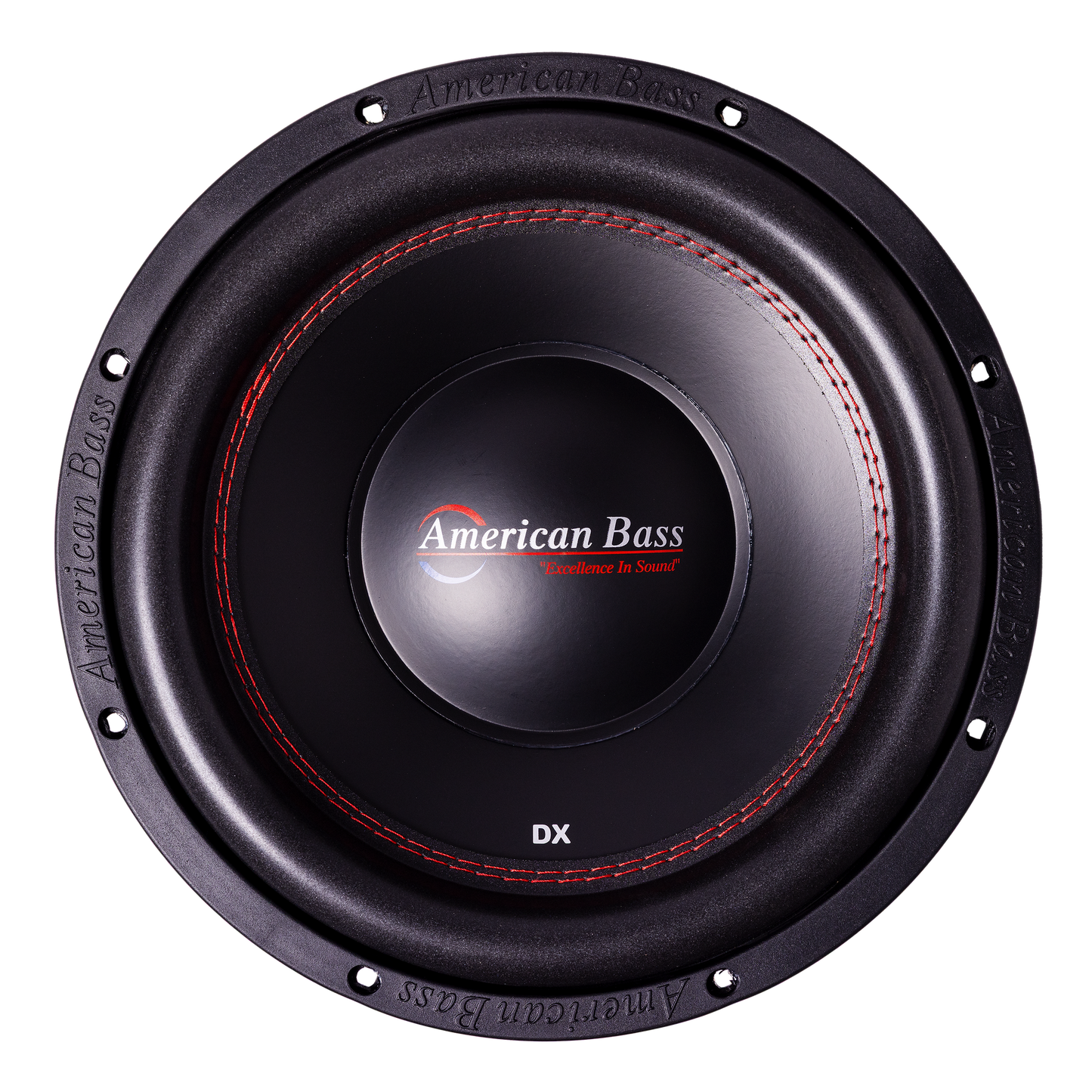 Ground Pound Bundle — 2x DX 12" Subwoofer + VFL Rebel REBEL-3000.1 Amplifier from American Bass Audio, featuring dual black DX 12" subwoofers with striking red stitching, viewed from above. The center displays the American Bass Audio logo and "Excellence in Sound" tagline, with distinctive branding around the edge. Ideal for enthusiasts seeking a powerful upgrade, this bundle combines impressive performance and bold style—perfect for pairing with a monoblock amplifier or upgrading to dual 12" subwoofers.